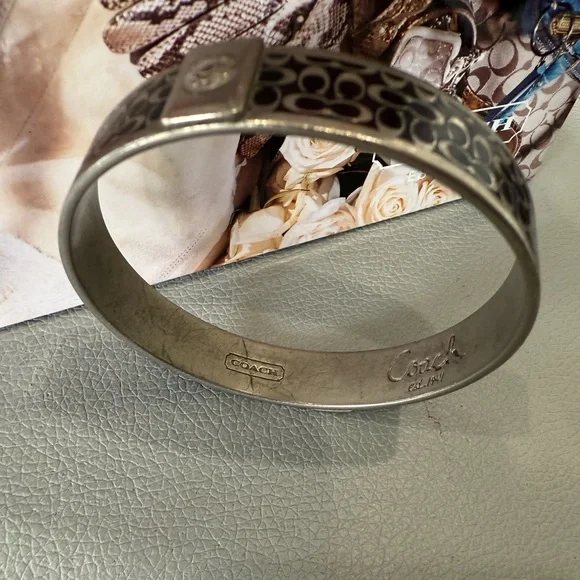 Coach Signature Black Silver Tone Bangle Bracelet - Picture 2 of 8